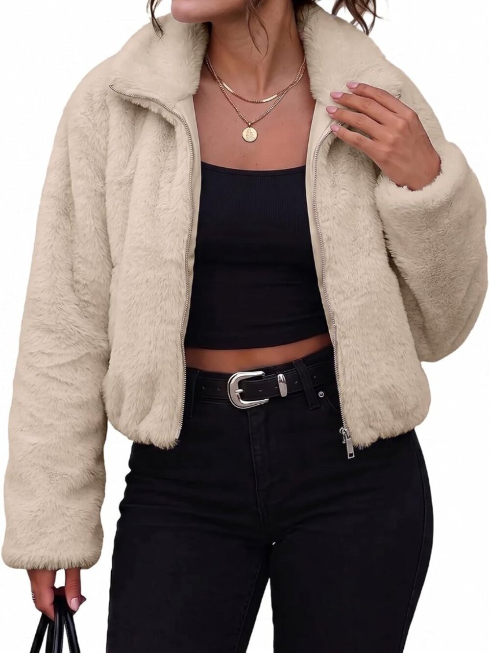Women's Khaki 100% Polyester Cropped Full Zip-Up High Neck Collar Bomber Jacket